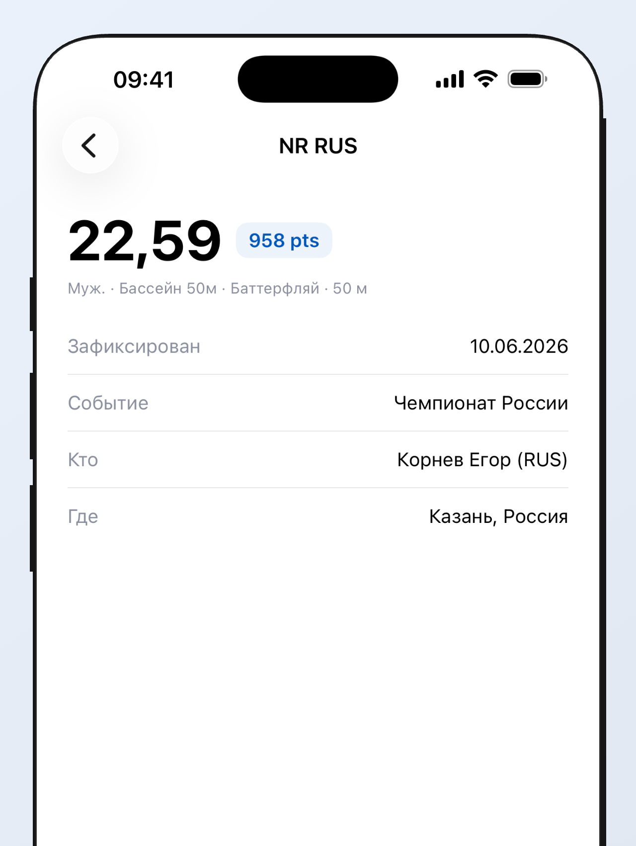 Карточка рекорда России на 50 м баттерфляй: время, очки, дата, турнир, спортсмен